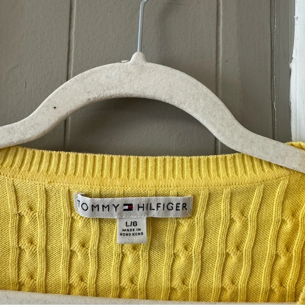 Vintage Tommy Hilfiger Cable Knit V Neck Sweater Yellow Cotton Preppy‎ Size LG